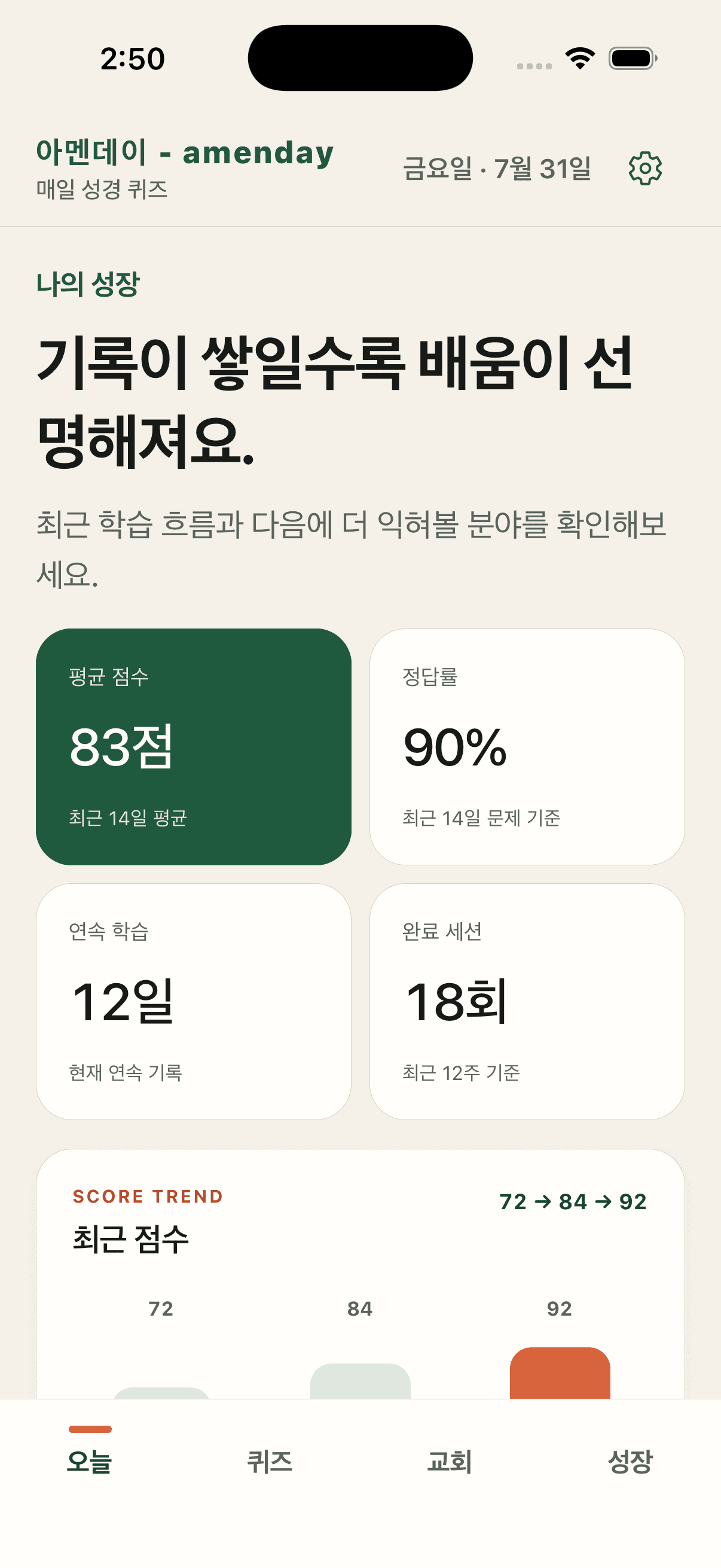평균 점수와 정답률 및 연속 학습을 보여주는 아멘데이 성장 화면
